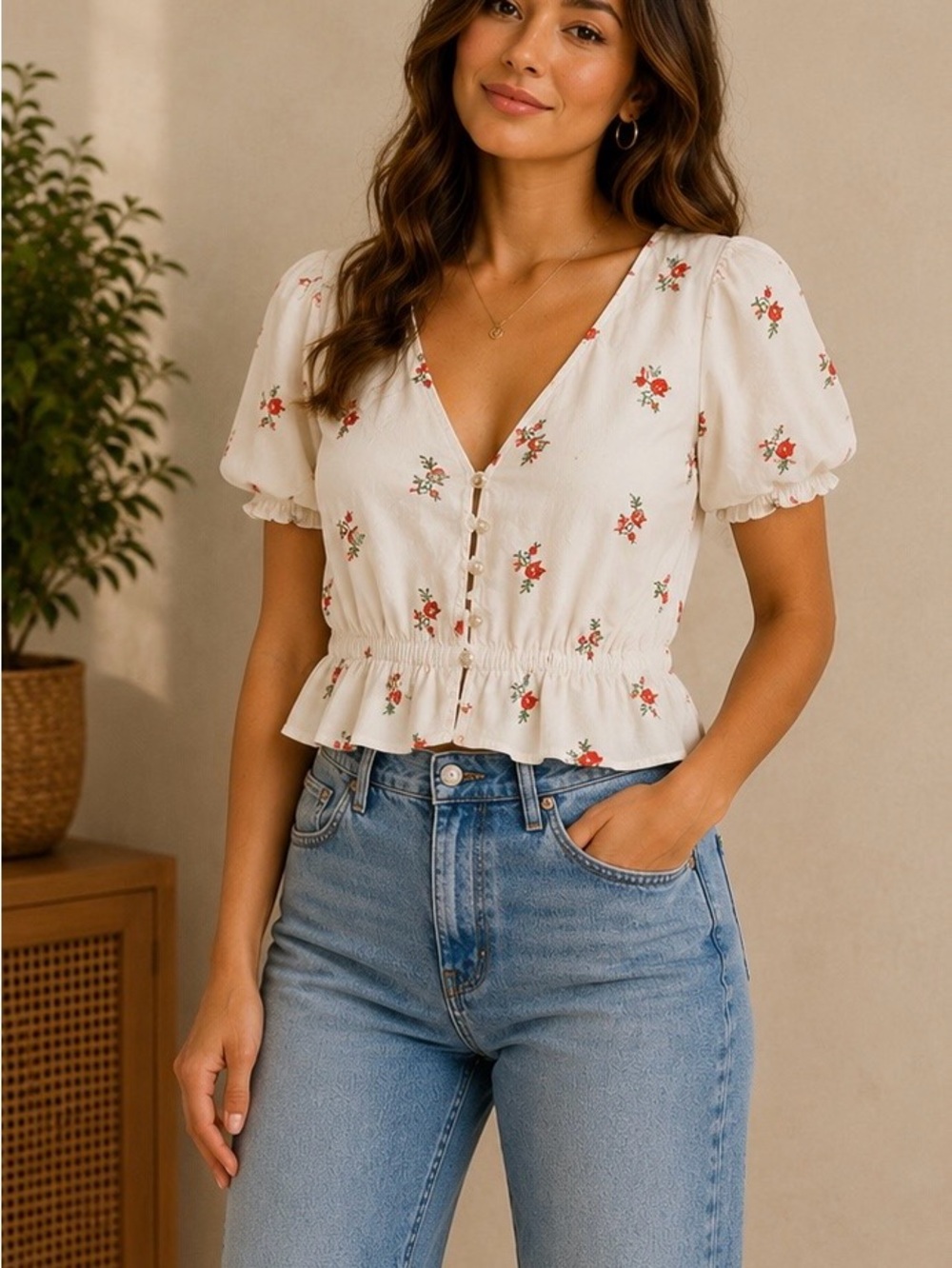 Maeve by Anthropologie Women's White Floral Button-Front Blouse Size 4